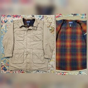 VTG Lands End Mens Large Thinsulate Parka Jacket Beige Plaid Wool Blanket Lined